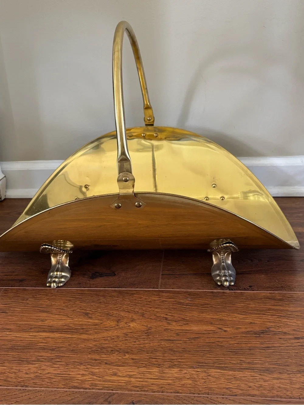 Brass Fireplace Log Holder with Claw Feet - Gold & Wood